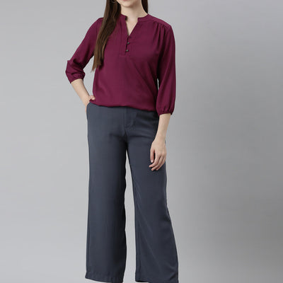 Women Solid Dark Jean Blue High Rise Crepe Wide Pant