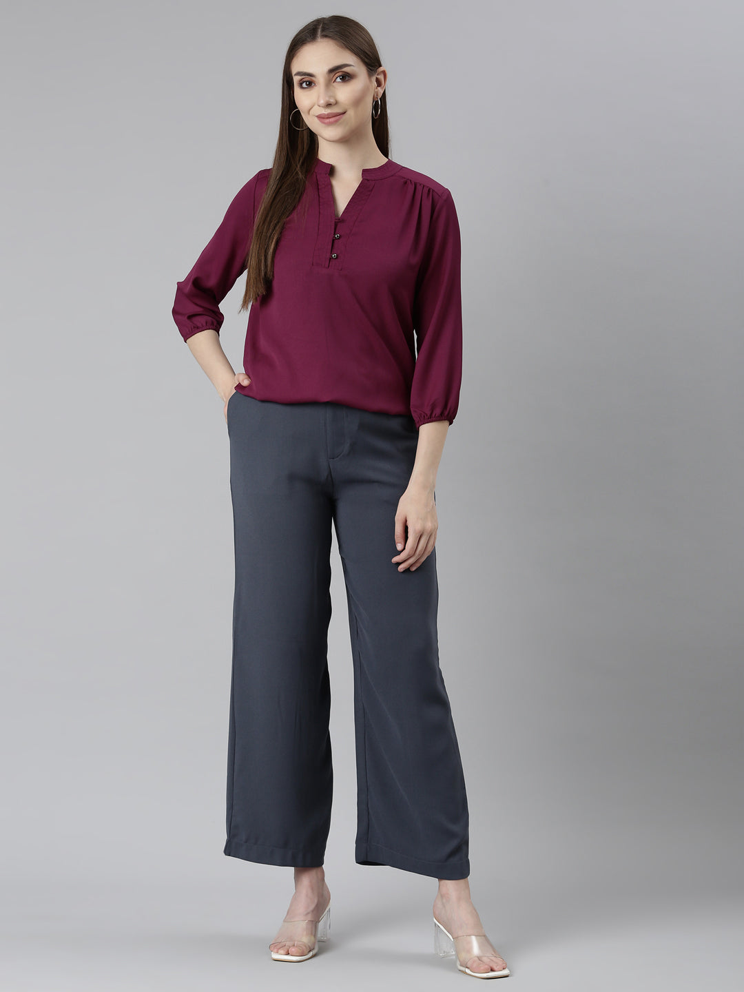 Women Solid Dark Jean Blue High Rise Crepe Wide Pant