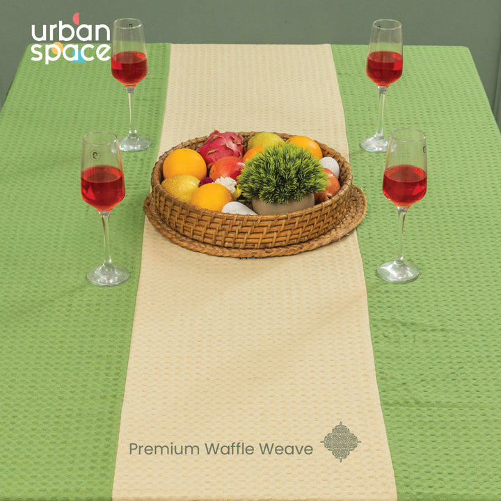 100% Cotton Waffle Weave Dining Table Cover, Table Cloth with Panelled design - Sage Green & Beige