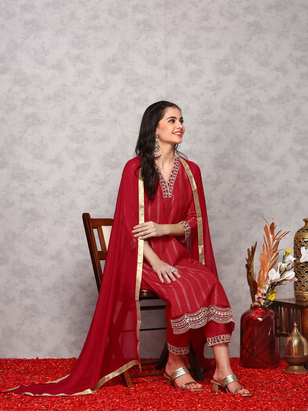 Floral Embroidered Regular Kurta with Trousers & Dupatta