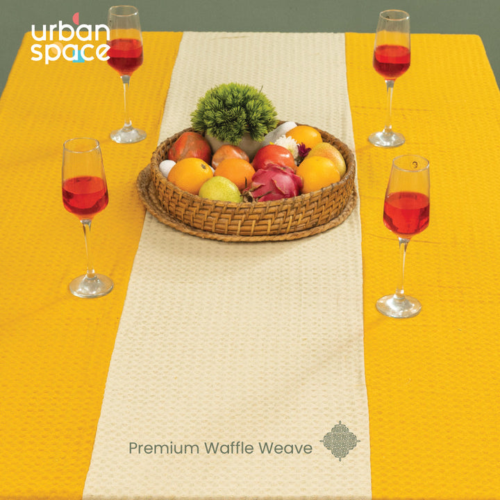 100% Cotton Waffle Weave Dining Table Cover, Table Cloth with Panelled design - Mustard & Beige