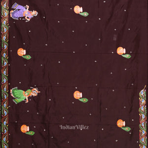 Red with Coffee Rasaleela Theme Hand-Painted Pattachitra Saree