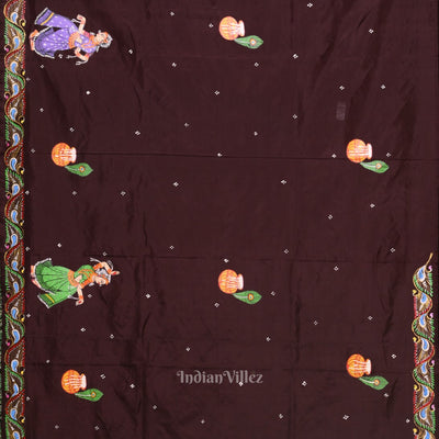 Red with Coffee Rasaleela Theme Hand-Painted Pattachitra Saree