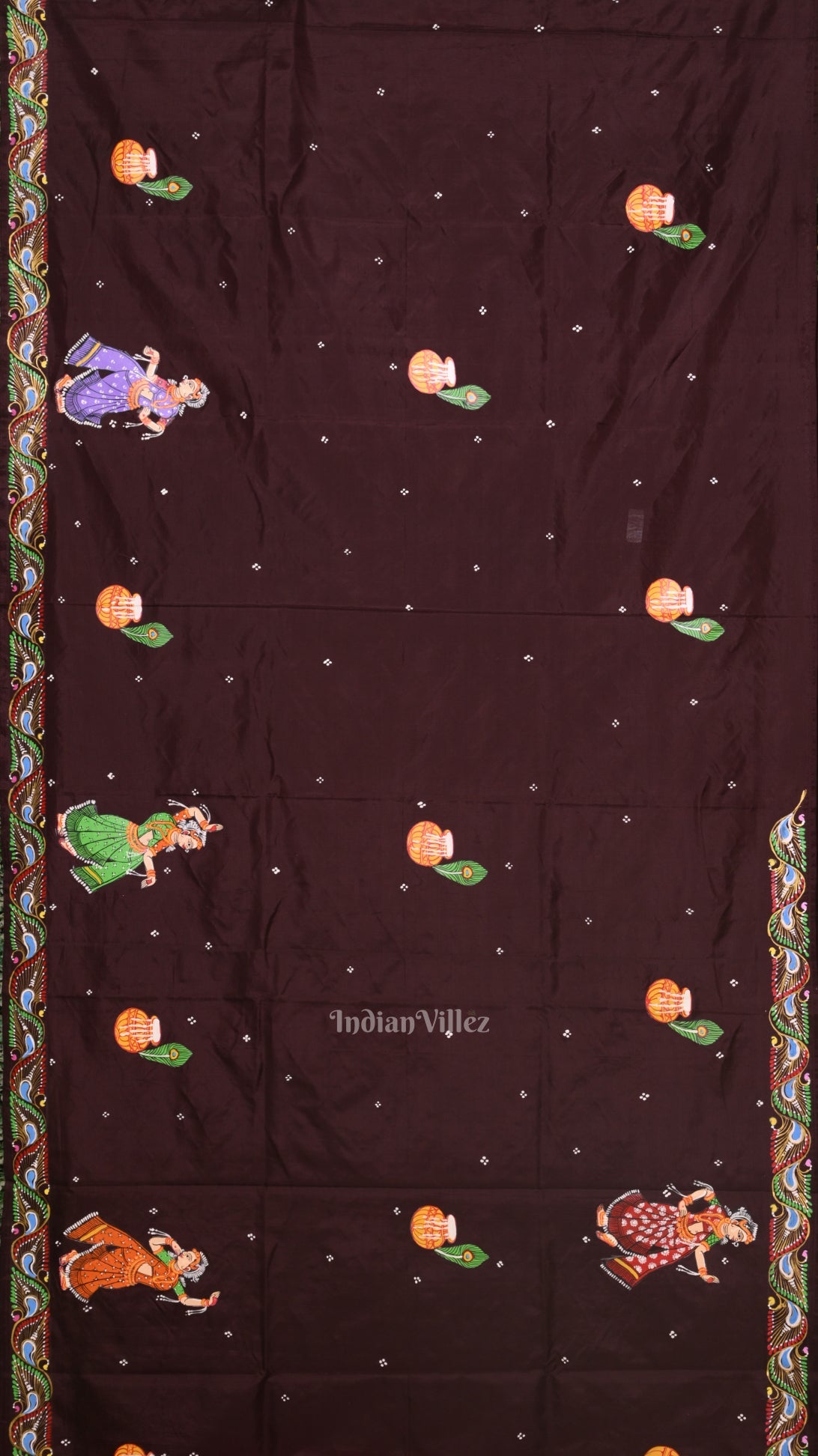 Red with Coffee Rasaleela Theme Hand-Painted Pattachitra Saree