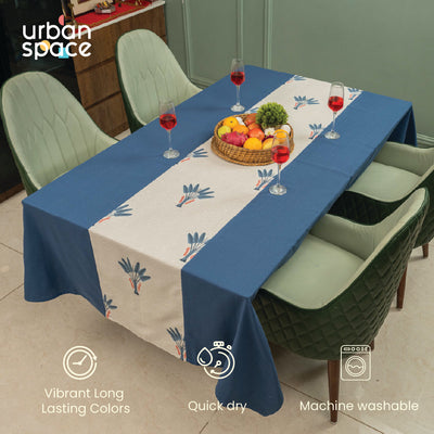 100% Cotton Dining table cover Combo - 1 Table Cloth, 4 reversible Placemats and 4 matching solid-colored Napkins - Palm Lagoon Indigo