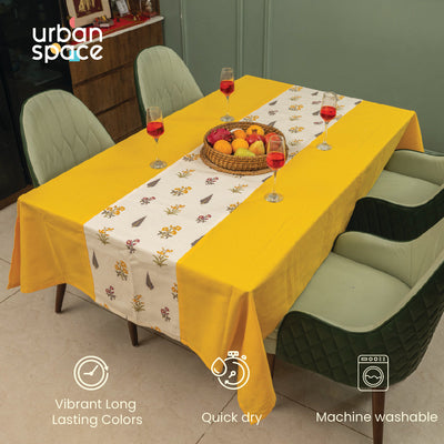100% Cotton Dining table cover Combo - 1 Table Cloth, 4 reversible Placemats and 4 matching solid-colored Napkins - High Garden Yellow