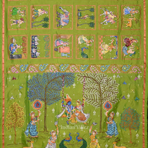 Green Purple Radha Krishna Village Theme Pattachitra Saree