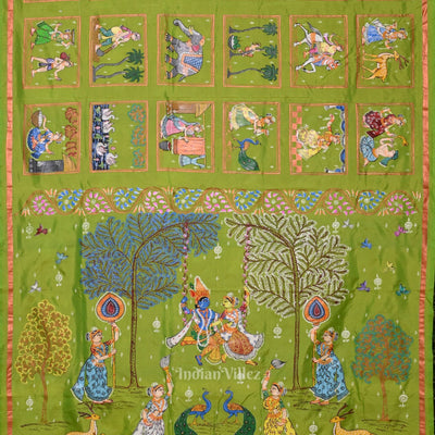 Green Purple Radha Krishna Village Theme Pattachitra Saree