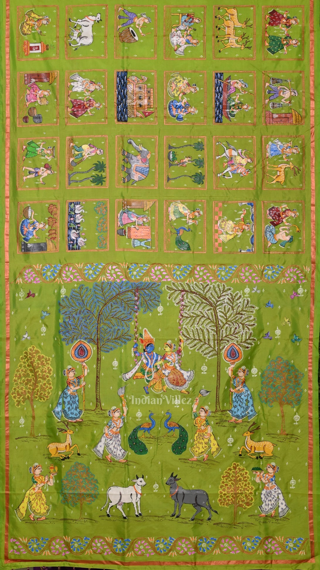 Green Purple Radha Krishna Village Theme Pattachitra Saree