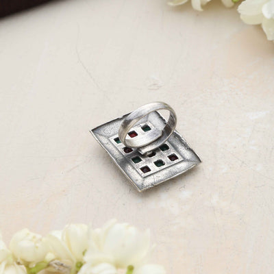 trueBrowns Silver Tone Rectangular Stone Ring