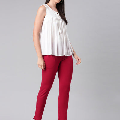 Women Solid Dark Red Mid Rise Smart Fit Kurti Pant
