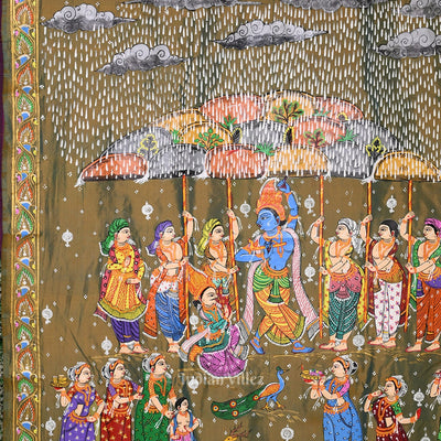 Mehendi Green Dual Tone Giri Govardhan Hand-Painted Pattachitra Saree