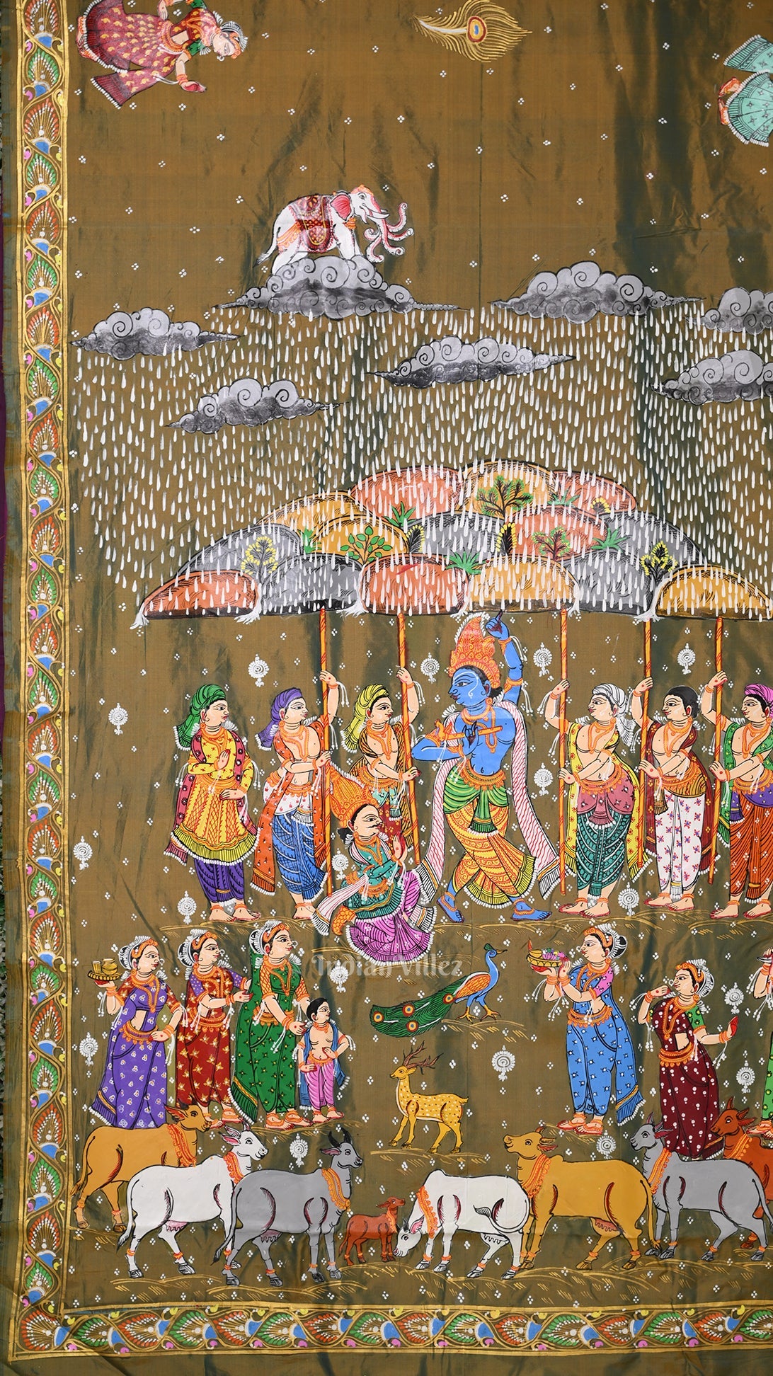 Mehendi Green Dual Tone Giri Govardhan Hand-Painted Pattachitra Saree