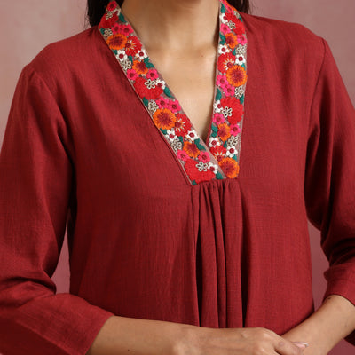 trueBrowns Maroon Cotton Dobby Kurta Set