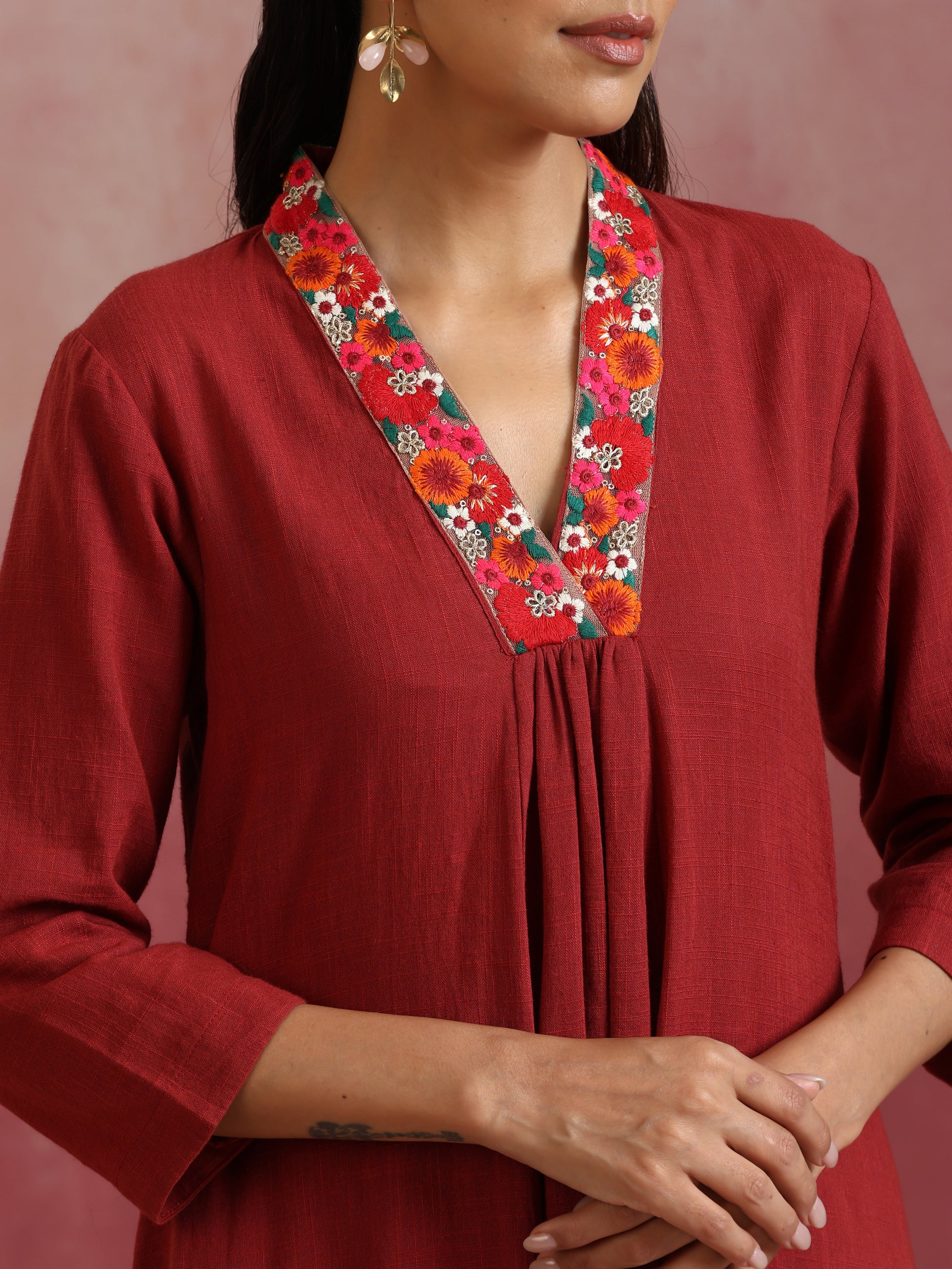 trueBrowns Maroon Cotton Dobby Kurta Set
