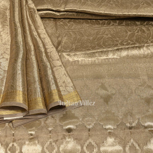 Silver Zari Woven Tissue Banarasi Saree with Floral Handwork
