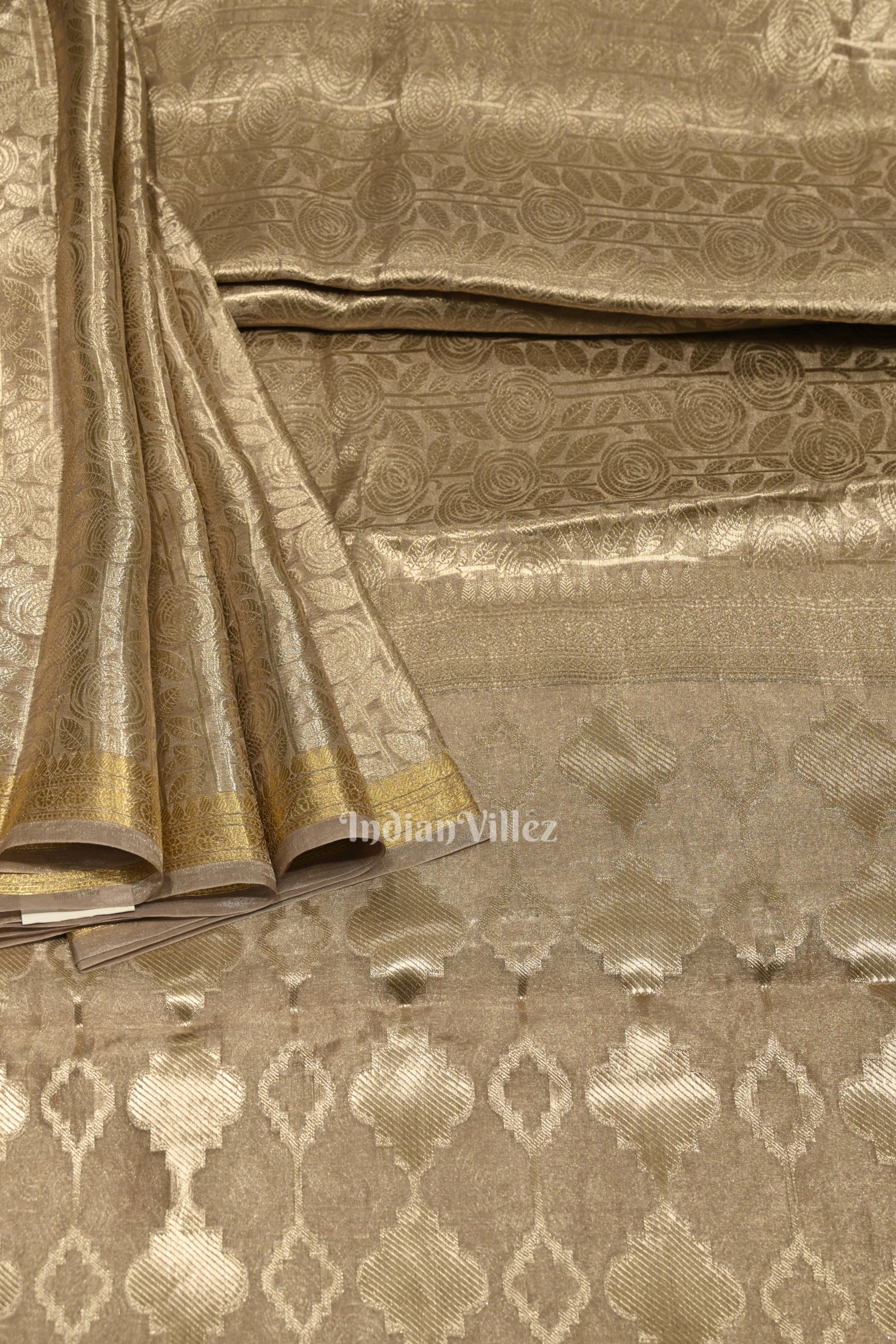Silver Zari Woven Tissue Banarasi Saree with Floral Handwork