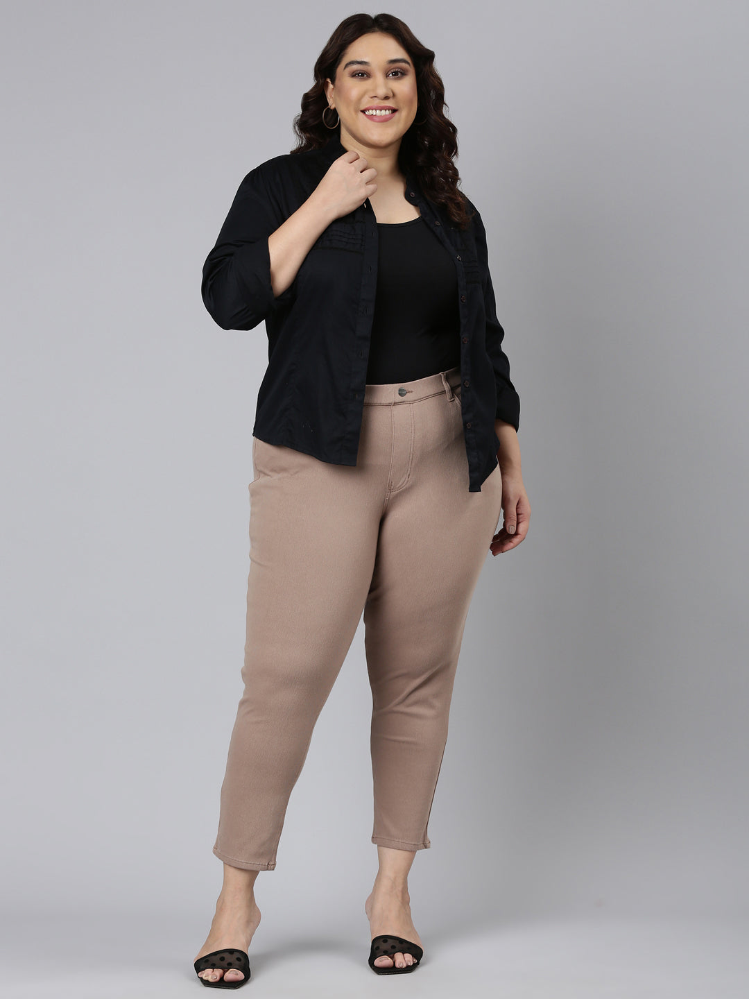 Women Solid Light Chocolate Mid Rise Cropped Jeggings