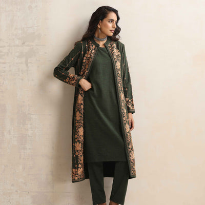 trueBrowns Green Kashmiri Woollen Jacket 3pc Set