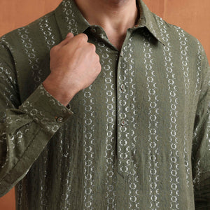 trueBrowns Men's Olive Green Cotton Dobby Short Kurta