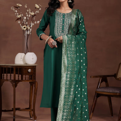 Green Yoke Design Silk Blend Straight Suit With Dupatta