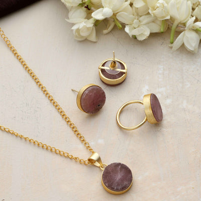 trueBrowns Gold Tone Pink Stone Pendant Set