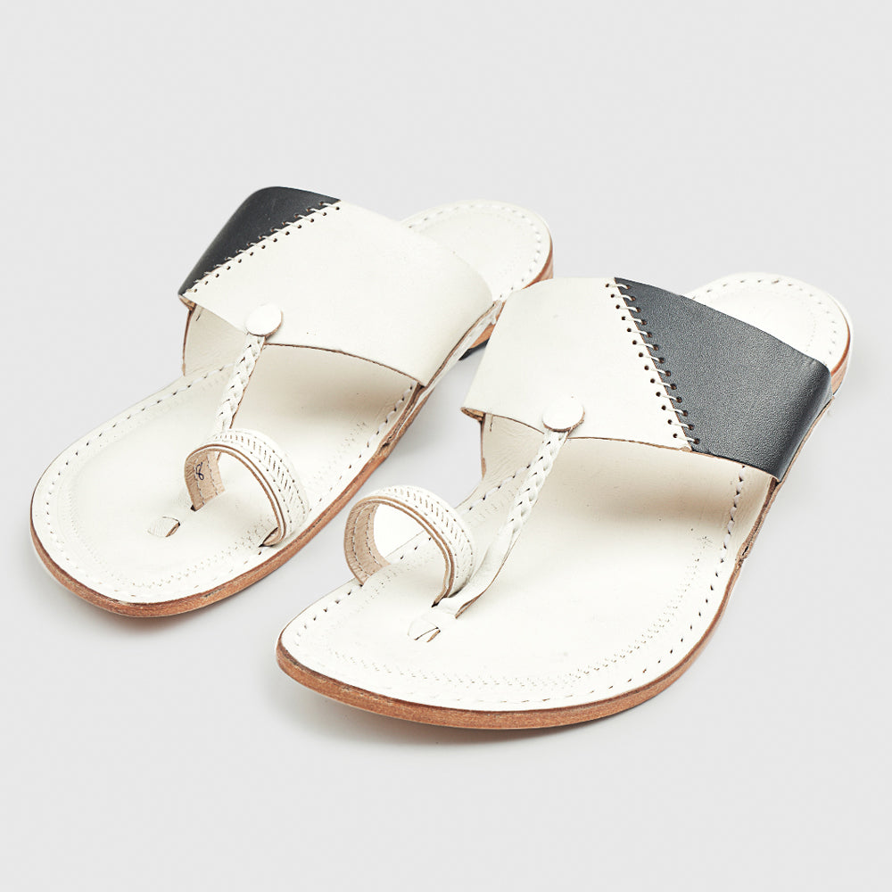 Black and White Handstitched Leather Kolhapuri Men Slipper