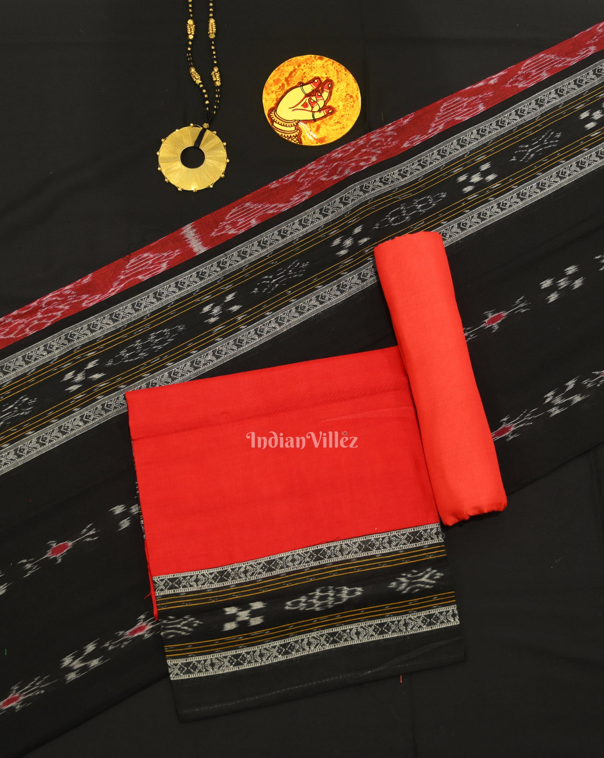 Black Red Pasapali Sambalpuri Cotton Dress set with Dupatta