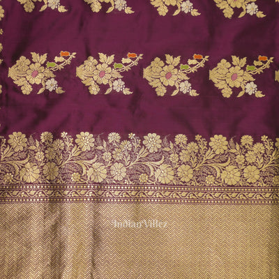Dark Purple Floral Motif Designer Meenakari Banarasi Silk Saree