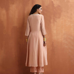 trueBrowns Blush Pink Tissue Flared Anarkali Kurta Set