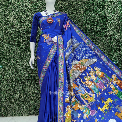 Blue Giri Govardhan Hand-Painted Pattachitra Saree