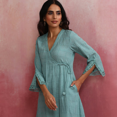 trueBrowns Aqua Blue Cotton Dobby Angrakha Kurta Set