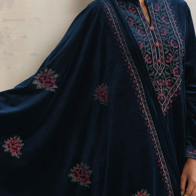 trueBrowns Blue Velvet Floral Embroidered Kurta Pant Dupatta Set