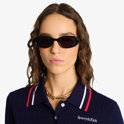 SPORTY & RICH | SERIF MINI CABLE POLO T-SHIRT { NAVY