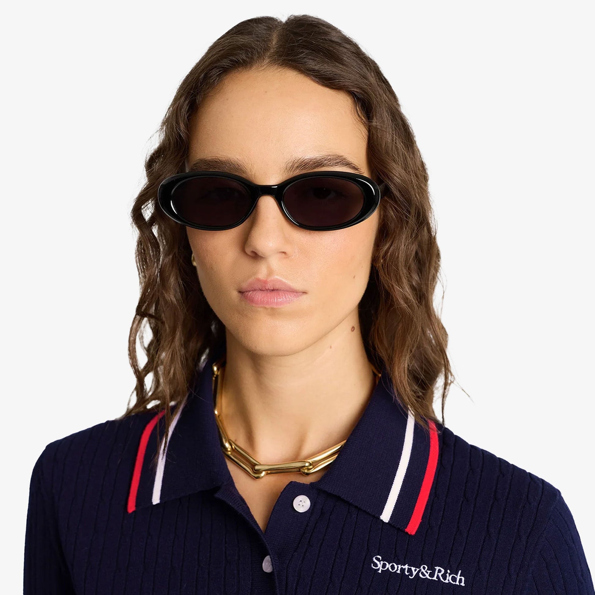 SPORTY & RICH | SERIF MINI CABLE POLO T-SHIRT { NAVY