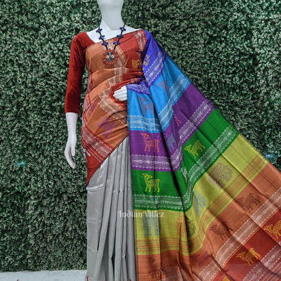 Gray Fish Motif with Animal Theme Double Pallu Berhampuri Silk Saree