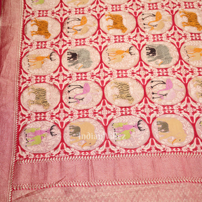 Rani Pink Shikargah Theme Banarasi Khaddi Georgette Saree