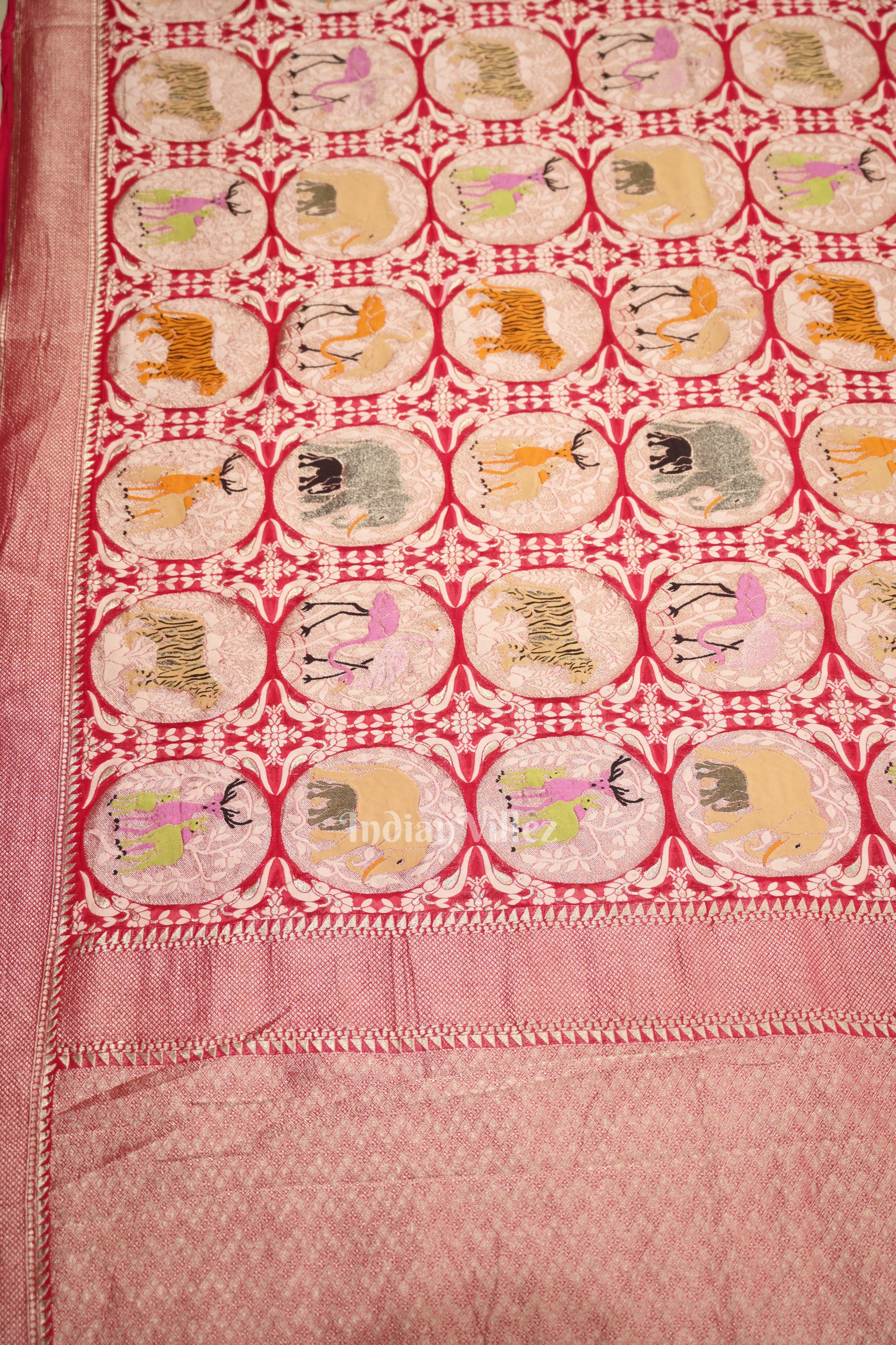 Rani Pink Shikargah Theme Banarasi Khaddi Georgette Saree