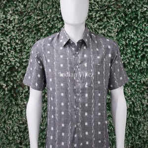 Grey Odisha Ikat Cotton Half Sleeve Shirt for Men