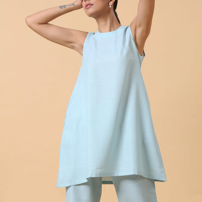 Cotton Linen Light Blue Sleeveless Co-Ord Set | Relove