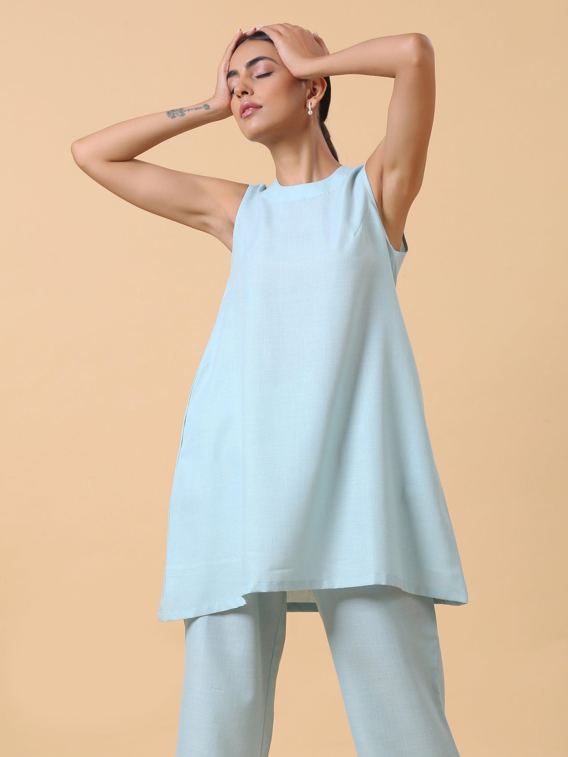 Cotton Linen Light Blue Sleeveless Co-Ord Set | Relove