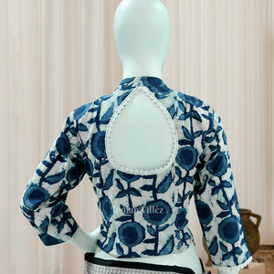 Light Blue Jodhpuri Block Print Cotton Blouse