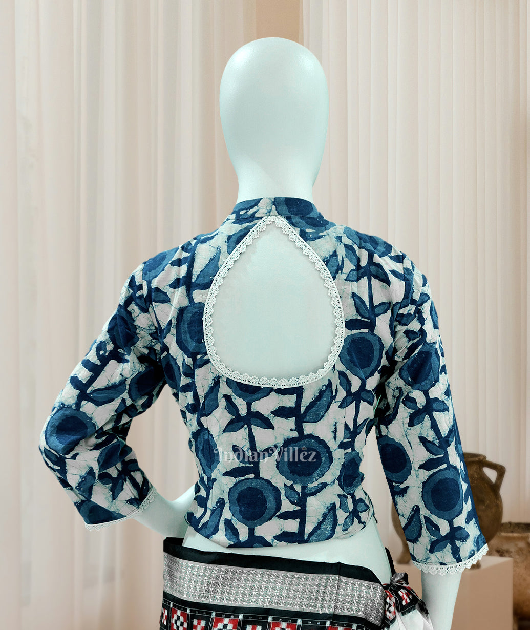 Light Blue Jodhpuri Block Print Cotton Blouse