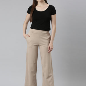 Women Solid Beige Ponte Wide Leg Pants