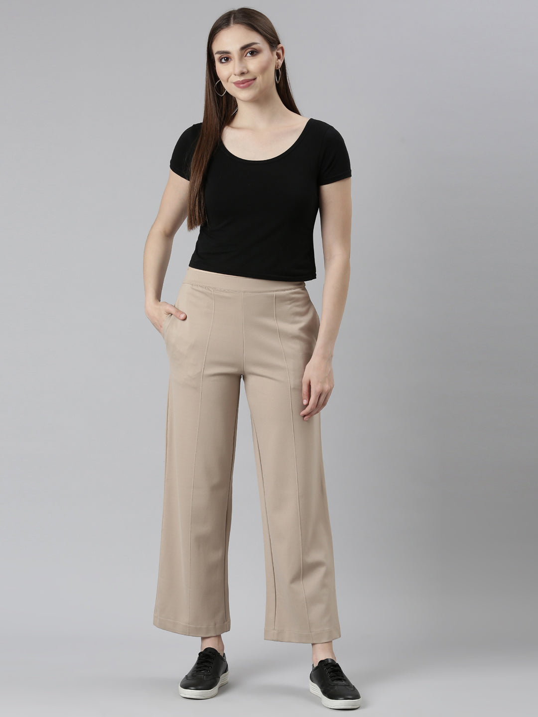 Women Solid Beige Ponte Wide Leg Pants