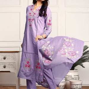 Purple Floral Embroidered Schiffli Pure Cotton Kurta With Trousers & Dupatta