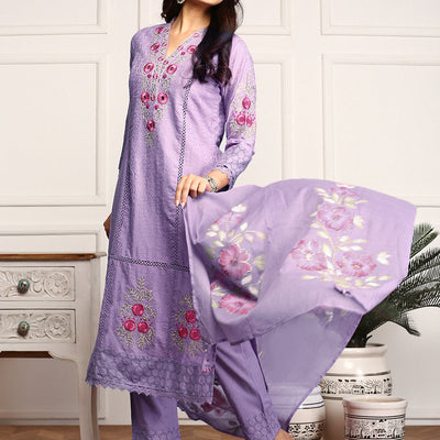 Purple Floral Embroidered Schiffli Pure Cotton Kurta With Trousers & Dupatta
