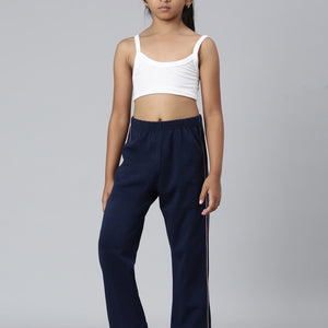 Girls Navy Side Stripe Mid Rise Track Pants