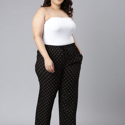 Women Printed Black Woven Viscose Lounge Pants