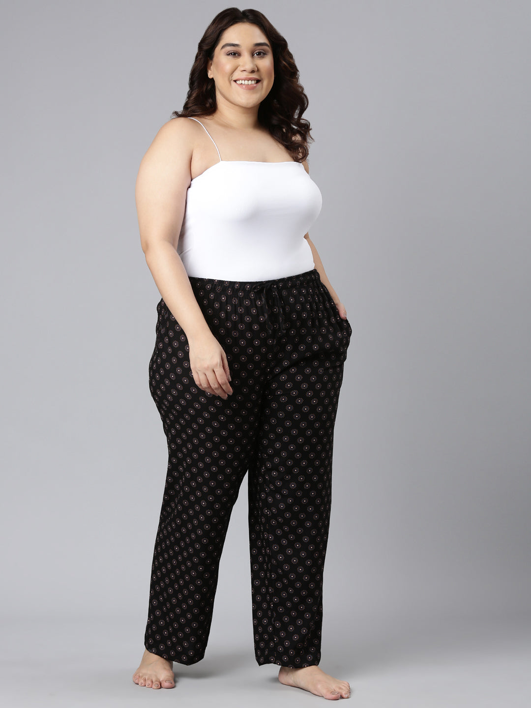 Women Printed Black Woven Viscose Lounge Pants